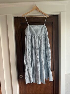J Crew Striped Spaghetti Strap Midi Dress in Blue and White